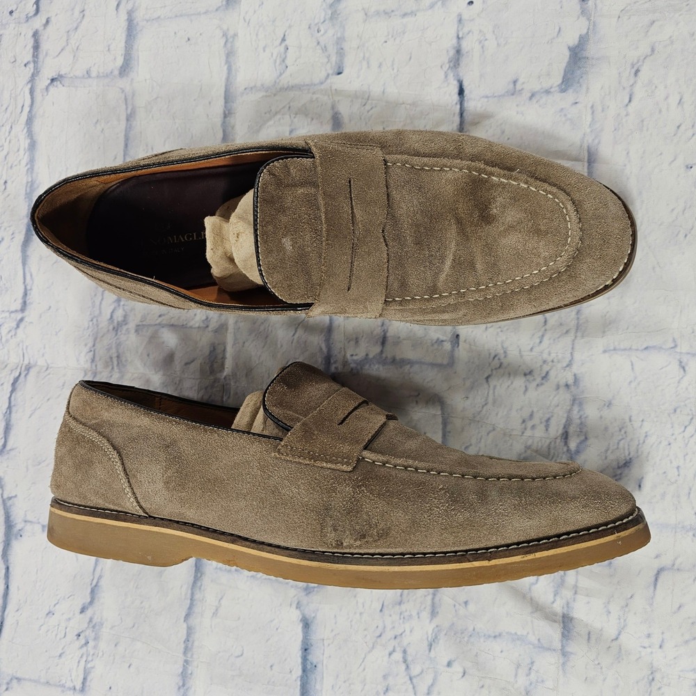 Bruno Magli Penny Loafer MENS 12 Taupe Suede Italian Leather Slip On Shoes